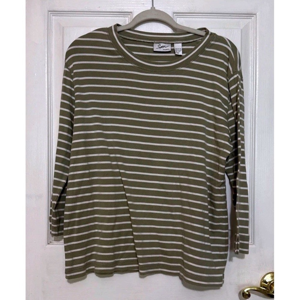 CHICO's Size 1 Cotton Boatneck Shirt 3/4 Sleeve Sage Green/White Stripe